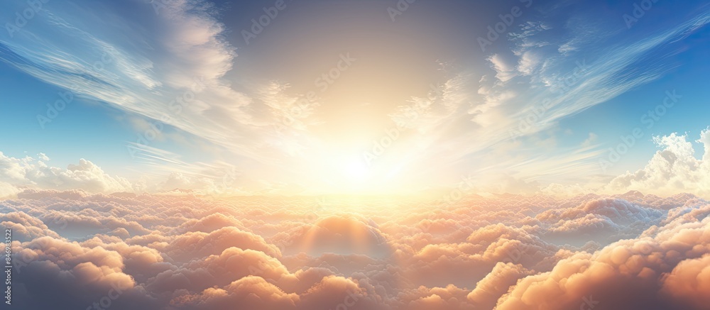 Poster bright sun casting rays over fluffy clouds during sunrise, creating a stunning view. with copy space
