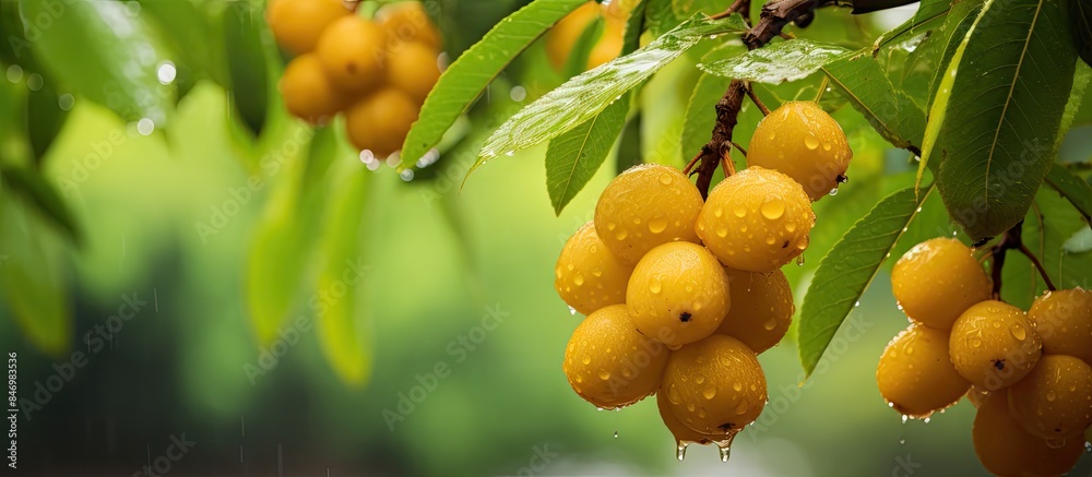 Fototapete Longan fruit in the process of ripening, thriving in the rainy season as it hangs from a tree amidst the rainfall. with copy space image. Place for adding text or design