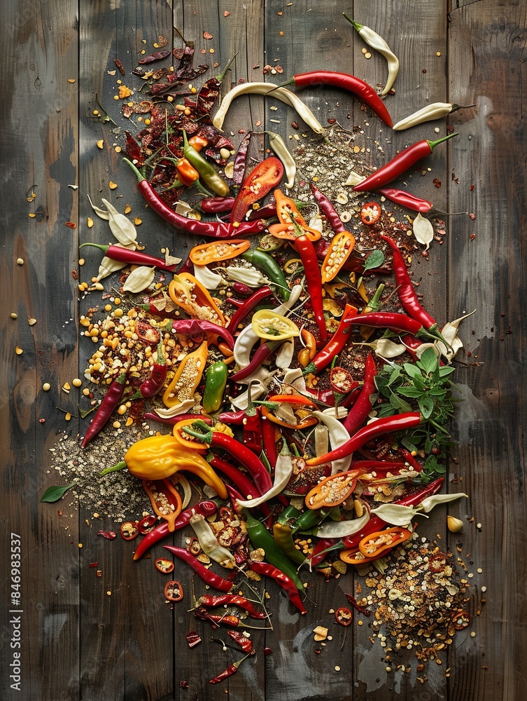 Poster a vibrant assortment of fresh and dried chili peppers, ranging in color from fiery red to vibrant gr
