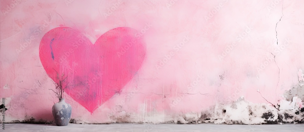 Poster A heart shape painted in pink on a textured wall next to a vase of colorful flowers. with copy space image. Place for adding text or design