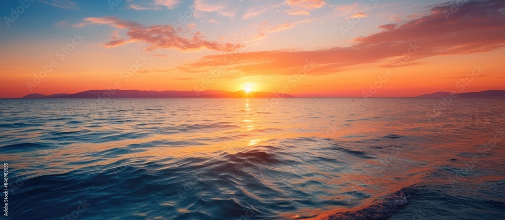 Poster colorful sunset on the sea with various shades, highlighting a boat in the distance. with copy space