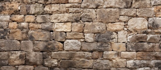 Obraz premium A detailed view of a rough old stone wall with the contrasting presence of a red fire hydrant nearby. with copy space image. Place for adding text or design