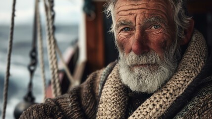 Elderly man with a white beard and serious expression sailing on a boat in the sea wearing a woolen scarf and sweater.