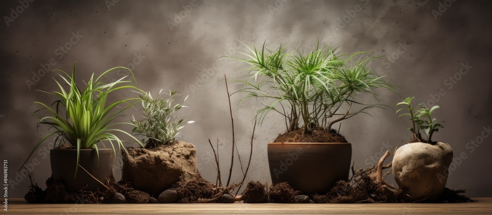 Leinwandbilder several potted plants, both ornamental and seasonal, displayed with their roots in pots on a rustic 