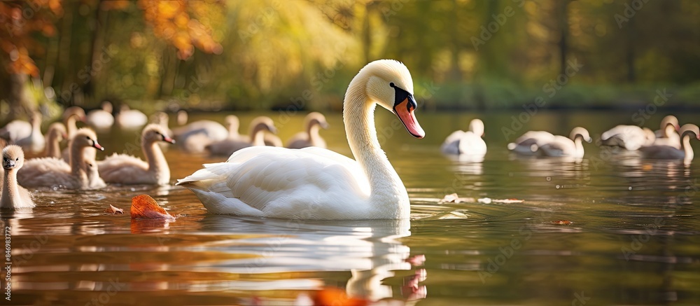 Poster multiple elegant birds, such as swans and ducks, peacefully swimming together in a serene pond envir