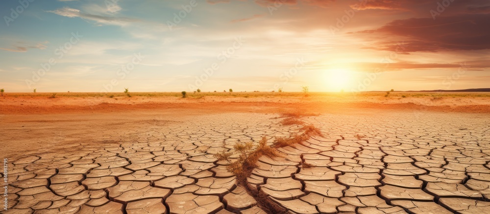 Poster barren desert landscape showing sun setting over parched, cracked earth illustrating drought and des