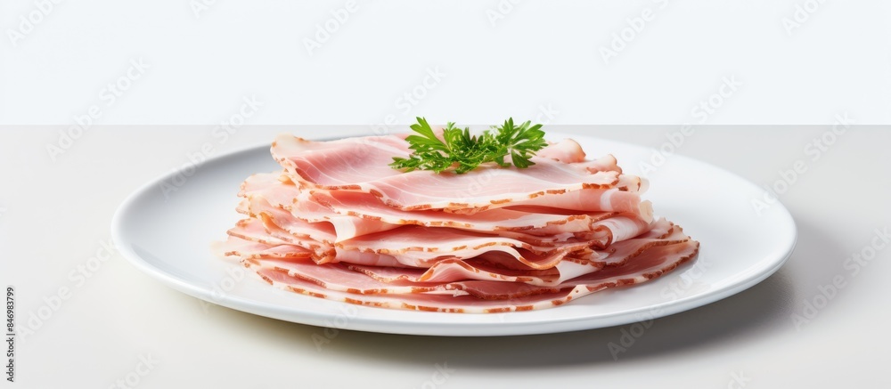 Poster Delicate pork slices arranged neatly on a clean white plate for serving. with copy space image. Place for adding text or design