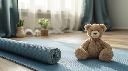 A serene scene of a teddy practicing yoga, embodying harmony and wellness through gentle stretches and mindful breathing, promoting a healthy and balanced lifestyle during pregnancy.
