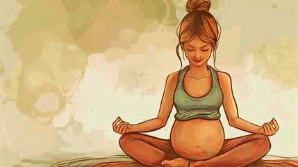 A serene scene of a pregnant woman practicing yoga, embodying harmony and wellness through gentle stretches and mindful breathing, promoting a healthy and balanced lifestyle during pregnancy.