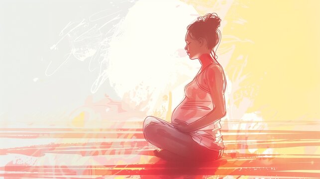 A serene scene of a pregnant woman practicing yoga, embodying harmony and wellness through gentle stretches and mindful breathing, promoting a healthy and balanced lifestyle during pregnancy.