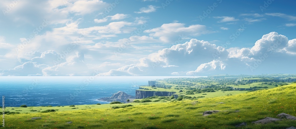 Aufkleber green grass covers the rolling hills that lead down to a deep blue sea under a cloudy sky. with copy