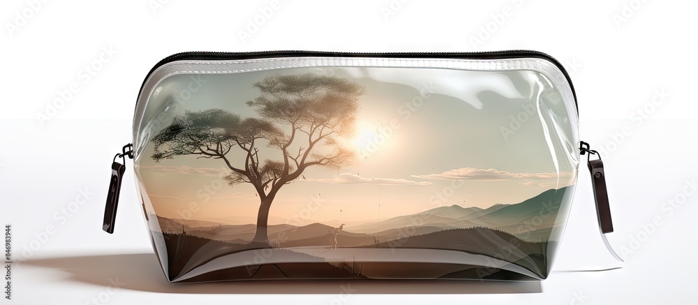 Poster Bag featuring a tree design up close, alongside a wide shot of a transparent cosmetic bag. with copy space image. Place for adding text or design