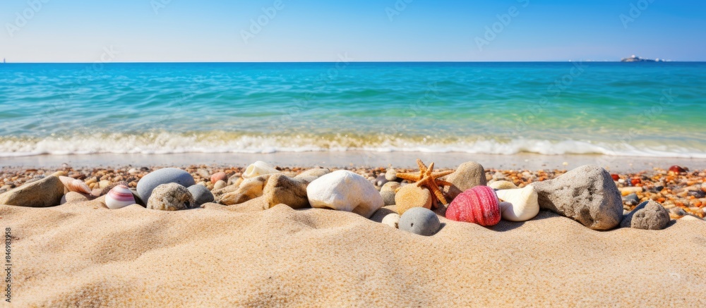 Poster Various shells and rocks lie scattered on the sandy beach, under the bright sun of a tropical summer day. with copy space image. Place for adding text or design