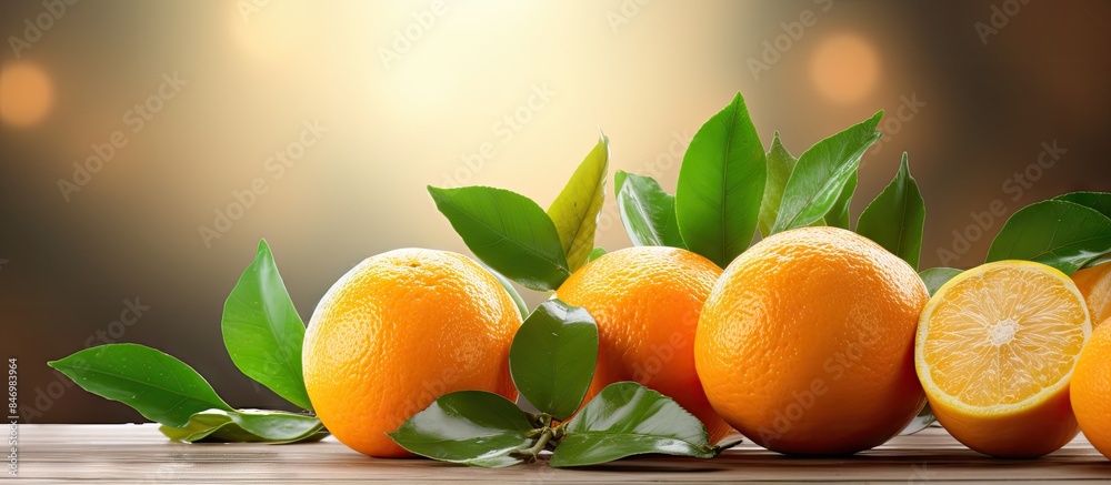 Aufkleber Fresh oranges with leaves arranged on a wooden table under a soft light, perfect for cooking or snacking. with copy space image. Place for adding text or design