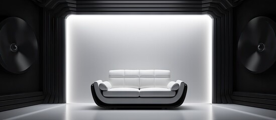 A serene setting with a white couch illuminated by light filtering through a window in a darkened room. with copy space image. Place for adding text or design
