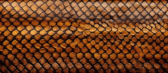 Detailed close-up of a snake skin showing a beautiful pattern of scales in a brown hue, resembling a textile texture. with copy space image. Place for adding text or design