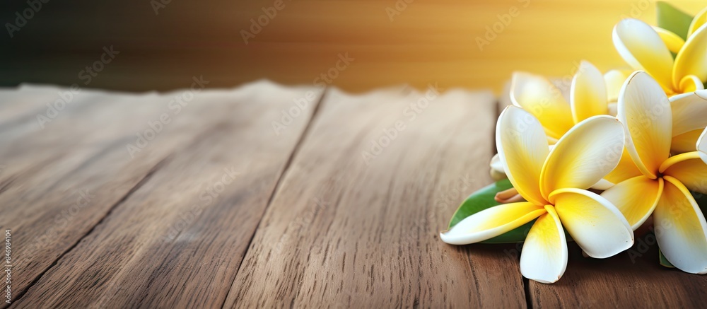 Aufkleber Pair of flowers in yellow and white hues placed on a wooden table surface. with copy space image. Place for adding text or design