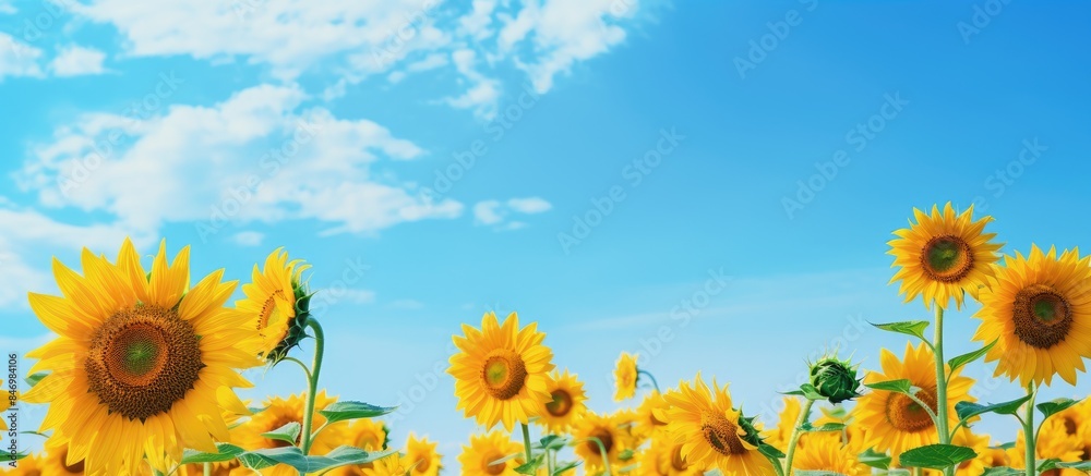 Aufkleber Sunflowers blooming under the bright daylight in a vast field with clear blue skies in the background. with copy space image. Place for adding text or design