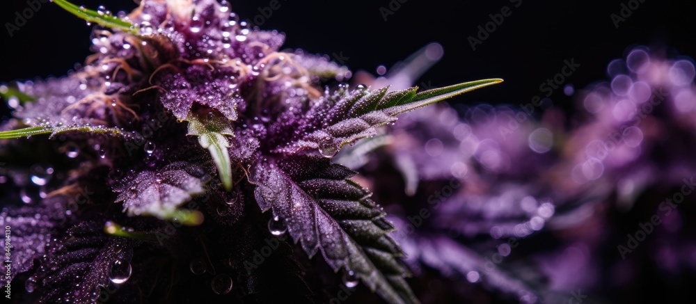 Aufkleber detailed view of a purple marijuana plant covered in water droplets, showcasing its vibrant color an