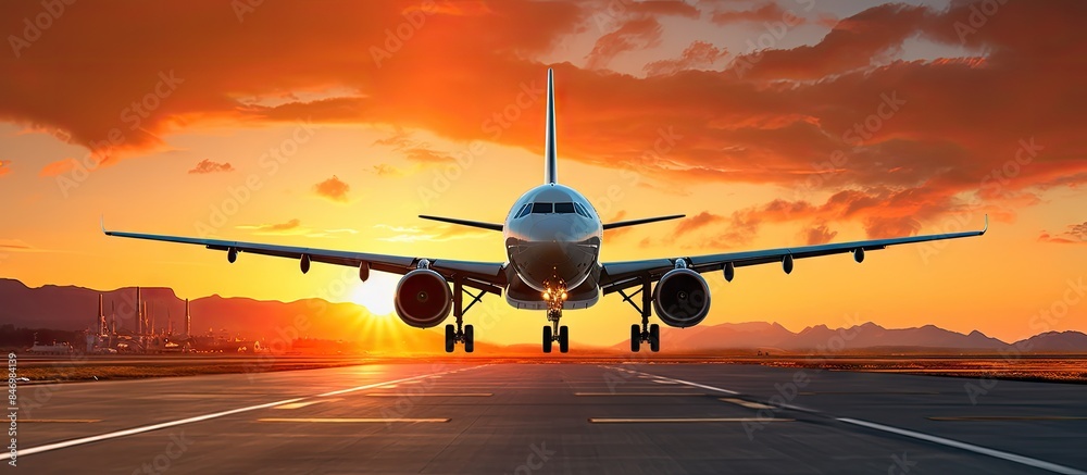 Poster an aircraft descends onto the airport runway during the beautiful glow of a sunset. with copy space 