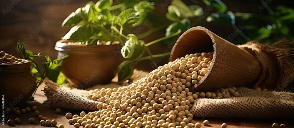 Aufkleber Wooden bowl contains soybeans next to a lush plant. Pea seeds are shown being processed before planting. with copy space image. Place for adding text or design