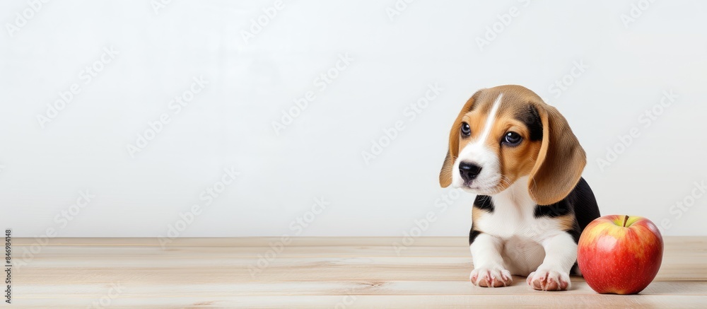 Poster Adorable 2-month-old purebred male beagle puppy happily snacking on a fresh apple. with copy space image. Place for adding text or design