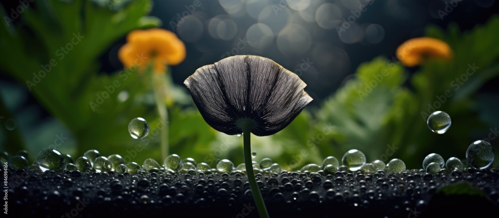 Fototapete macro shot of a flower covered with small water droplets, glistening in the sunlight. with copy spac