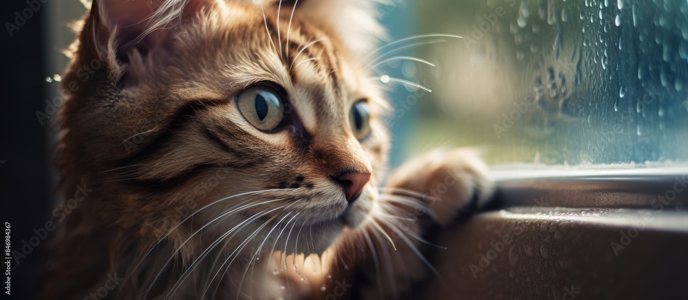 Poster Cat gazing out from a window, displaying contentment while grooming itself in the warmth of home. with copy space image. Place for adding text or design