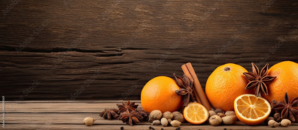 Poster oranges, anise seeds, and various spices placed on a wooden table in a rustic setting. with copy spa