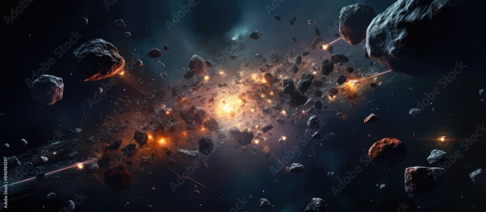 Poster rocket spaceship embarks on a journey through space, exploring new planets, asteroids, and galaxies 