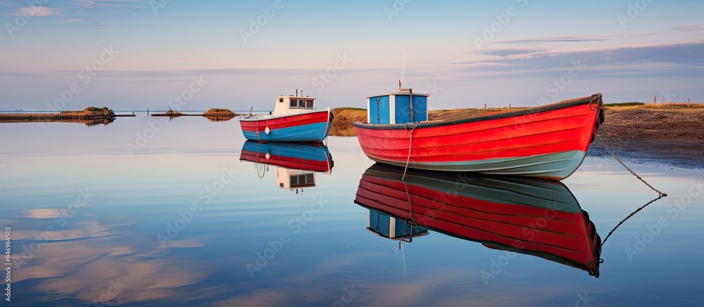 Aufkleber Multiple boats are peacefully resting on the calm waters of a bay while reflecting the blue sky. with copy space image. Place for adding text or design