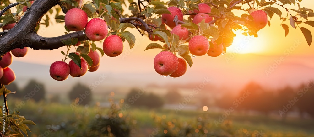 Wall mural many ripe red apples hanging from a tree in the field ready for picking during a serene sunrise in a