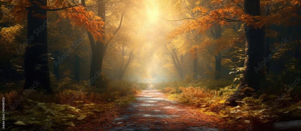 Fototapete the overgrown road in the autumn forest is hidden beneath a beautiful blanket of colorful foliage an