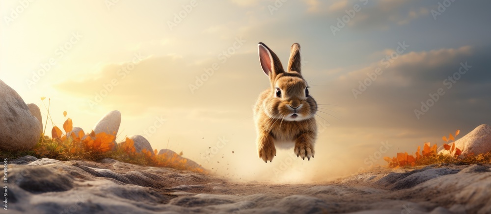 Aufkleber A small rabbit is hurriedly running across a terrain with scattered rocks and patches of grass. with copy space image. Place for adding text or design