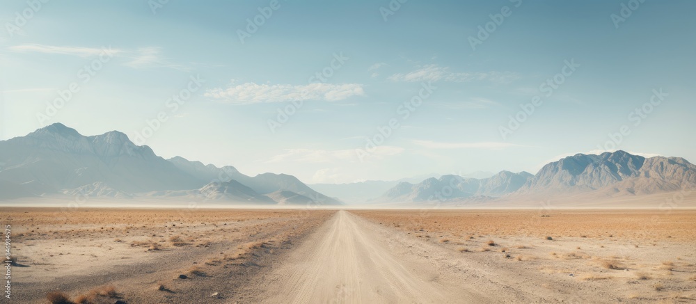 Poster Truck traversing a dusty path through desert terrain towards towering mountains in the distance. with copy space image. Place for adding text or design