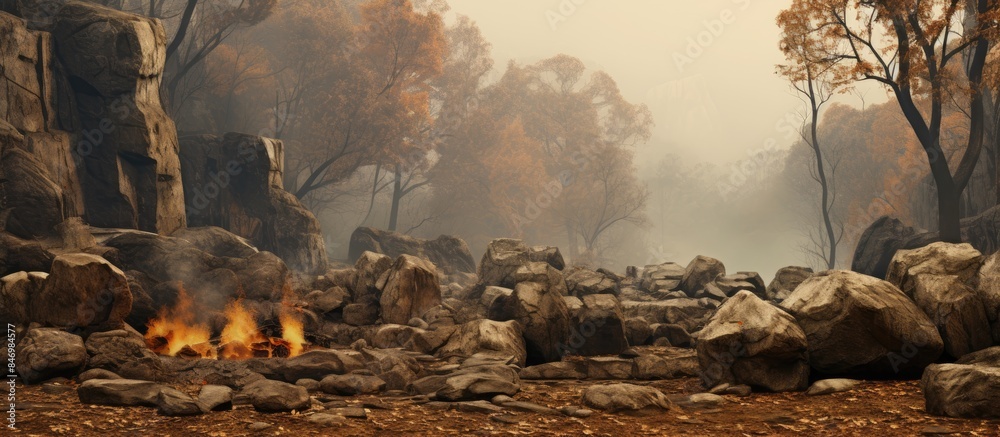 Poster scorched rocks and stones amidst the forest, set ablaze by a fire raging through the woodland. with 