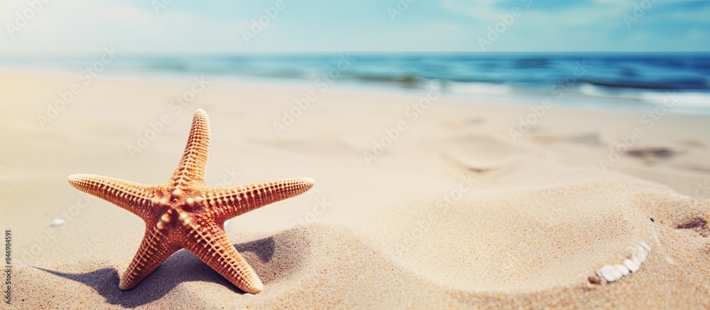 Poster starfish resting on the golden sand of a peaceful beach under the clear sky. with copy space image. 