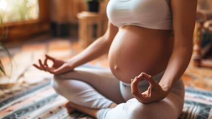 A serene scene of a pregnant woman practicing yoga, embodying harmony and wellness through gentle stretches and mindful breathing, promoting a healthy and balanced lifestyle during pregnancy.