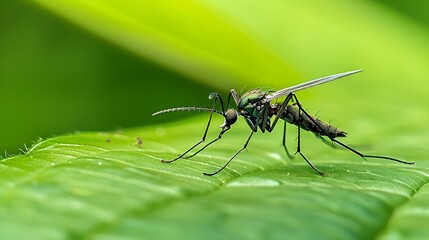 Darkwinged fungus gnat Sciaridae on a green leaf these insects are often found inside homes : Generative AI
