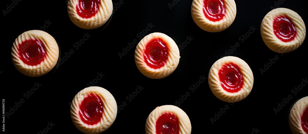 Fototapete array of assorted cookies, each displaying a colorful fruity jelly center, set against a simple blac