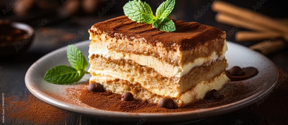 Poster a delicious piece of cake presented on a plate, garnished with decadent chocolate and fresh mint lea
