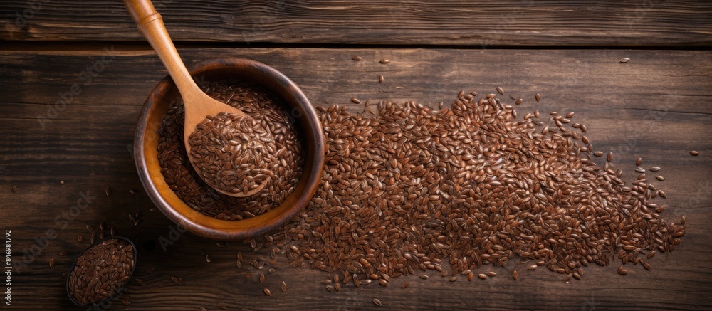 Poster A collection of whole brown flaxseeds displayed in an aged iron bowl arranged neatly on a rustic wooden surface. with copy space image. Place for adding text or design