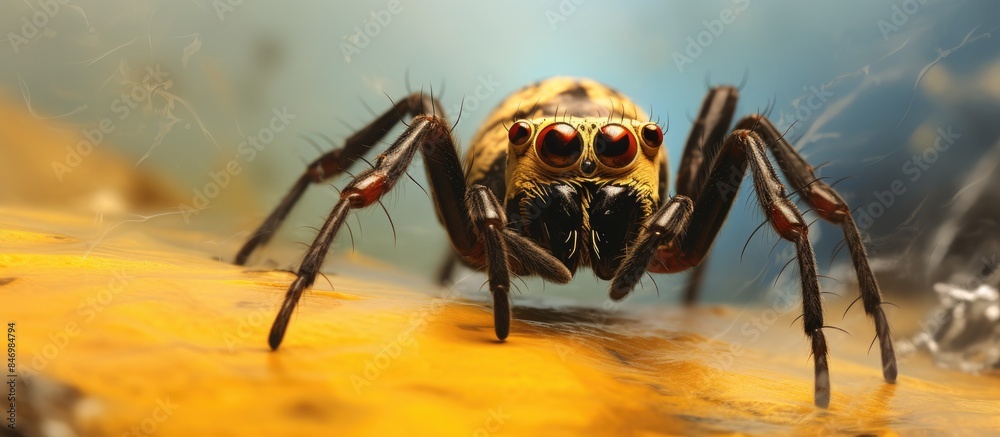 Aufkleber spider hunting, fangs sunk into bee, on vibrant yellow background, close-up view. with copy space im