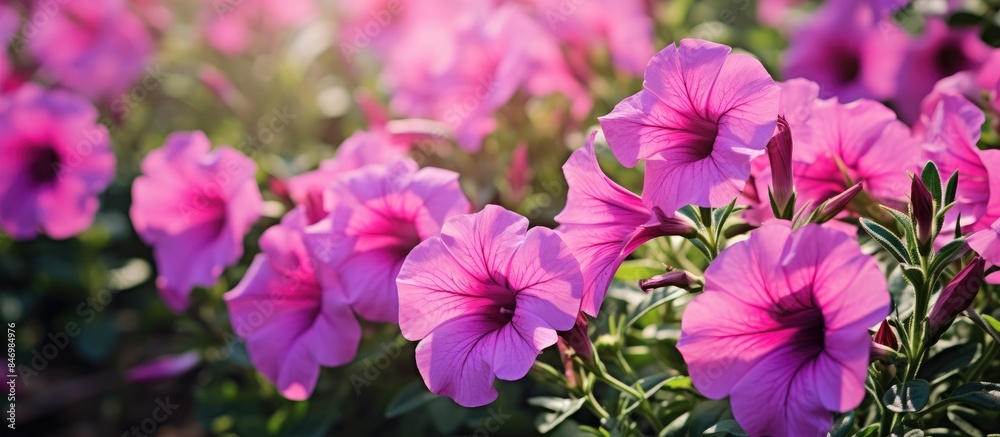Fototapete purple flowers blooming in a field, illuminated by the sun's rays, creating a serene and vibrant sce