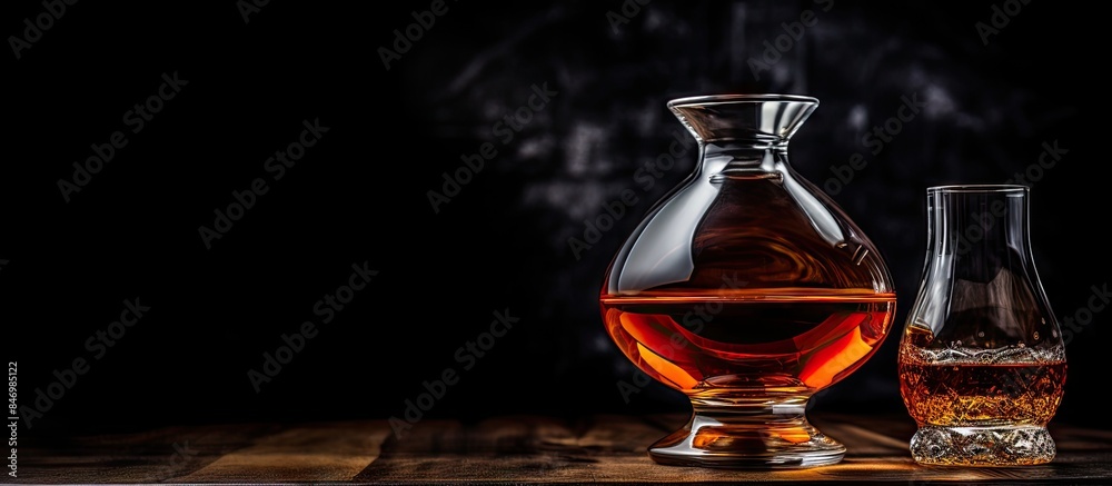 Poster Close-up of a glass of whiskey placed next to a decanter, highlighting the rich amber color of the drink. with copy space image. Place for adding text or design