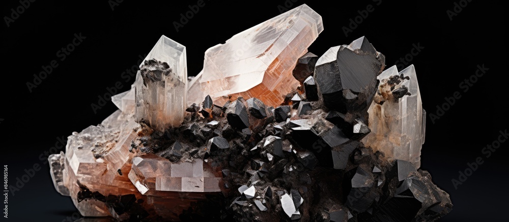Poster close-up view of a group of crystals, including manganese or manganite mineral with quartz and calci