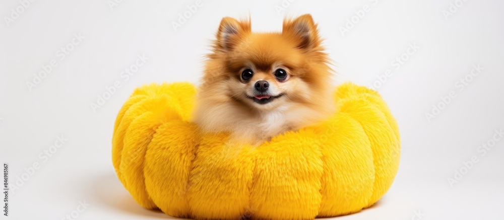 Poster pomeranian canine comfortably seated in a bright yellow pet bed against a clean white backdrop. with