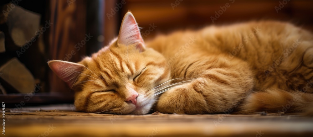 Poster A ginger cat with red fur is peacefully sleeping on the ground in a peculiar position viewed from above. with copy space image. Place for adding text or design