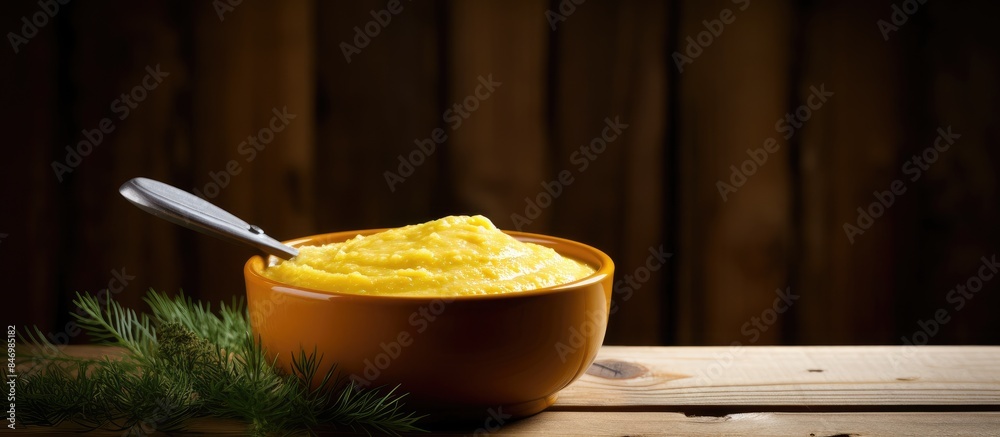 Aufkleber Mashed potatoes in a bowl with a spoon displayed, alongside a background of wooden texture and a dollop of mustard dijon. with copy space image. Place for adding text or design