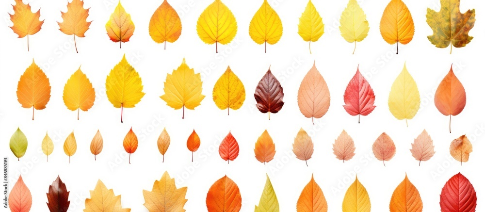 Poster Close-up view of various colorful autumn leaves on a white background, featuring a full depth of field through focus stacking technology. with copy space image. Place for adding text or design